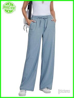 Women's Wide Leg Jeans Drawstring Elastic Waist Pull On Lightweight Lyocell